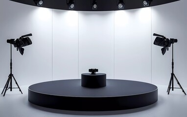 Poster - A 360-degree virtual reality studio set up with a round black podium and cameras on the white wall