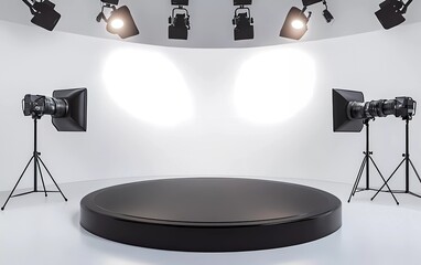 Poster - A 360-degree virtual reality studio set up with a round black podium and cameras on the white wall