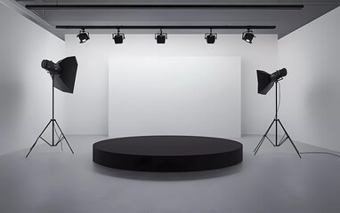 Poster - A 360-degree virtual reality studio with a round black podium and three lights on the floor, white walls, a concrete floor, and a camera mounted in front of it pointing at the wall