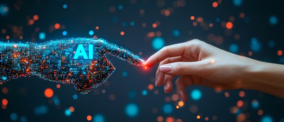 Poster - A human hand extends towards a digital hand composed of luminous data points, representing a profound connection between artificial intelligence and human creativity
