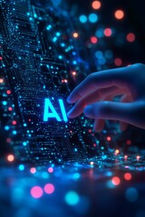 Poster - A hand extends toward luminous AI letters on a detailed circuit board, surrounded by vibrant lights, illustrating the fusion of technology and innovation in a digital landscape