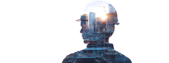 Double exposure of an engineer wearing a helmet and a cityscape, symbolizing the future in the construction industry