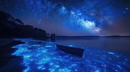 Poster - Bioluminescent galaxy in a lake, under a sky.