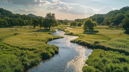 Poster - Green trees, A winding stream cuts through the fields, There are some villages on both sides of the creek, The clear water reflects the blue sky and white clouds.