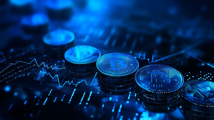 glowing blue money coins with business diagram graph chart background. ai generated image