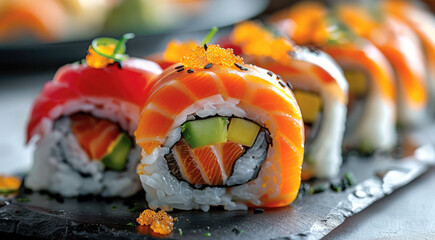 Poster - Maki rolls with colorful fillings of fish and vegetables.