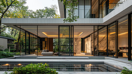 Leinwandbilder - A sleek, minimalist-designed home with large windows and marble walls, set in an urban garden.