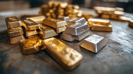 Gold and silver bars are arranged on a table, representing an investment in precious metals for the purpose of storing value and providing security.