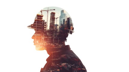 Double exposure of an engineer wearing a helmet and a cityscape, symbolizing the future in the construction industry