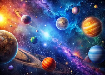 Vibrant Space Collage Featuring Planets, Stars, Galaxies, and Cosmic Elements in a Stunning Display