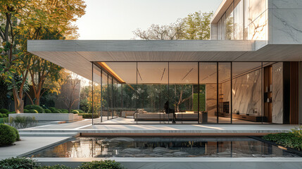 Leinwandbilder - A sleek, minimalist-designed home with large windows and marble walls, set in an urban garden.