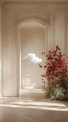 Poster - This indoor area showcases a minimalist design with a soft beige backdrop, a floating cloud, and striking red flowers, creating a peaceful atmosphere