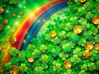 Wall Mural - Vibrant St. Patrick's Day Wallpaper Featuring Green Shamrocks, Rainbows, and Golden Coins Design