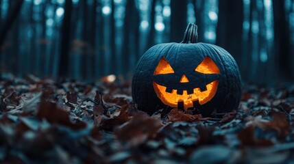 Wall Mural - spooky pumpkin in the woods
