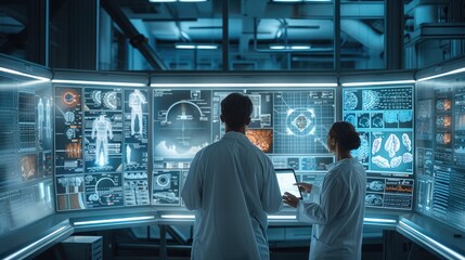 Poster - A futuristic laboratory filled with scientists analyzing holographic data screens and advanced technology.