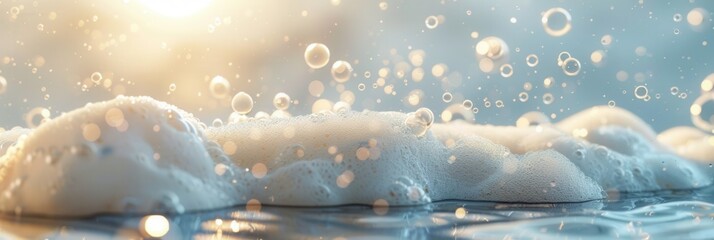 Poster - Bubbles form a soft foam surface in a bath, while warm sunlight creates a relaxing atmosphere perfect for unwinding. Generative AI