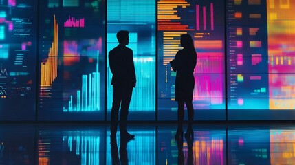Poster - Silhouettes of two professionals analyzing colorful data visuals on a wall. A modern business environment showcasing analytics and teamwork.