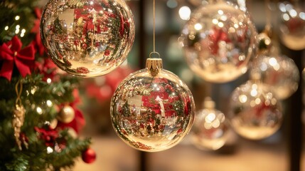 Wall Mural - beautifully crafted christmas ball decoration in rich red and gold hues, elegantly adorning a festiv