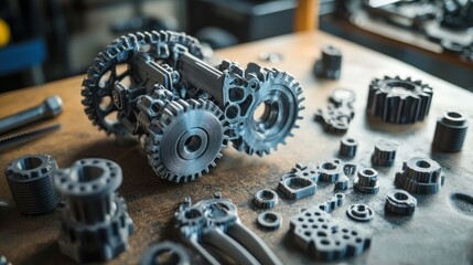 Poster - A close-up of 3D-printed car engine parts on a workbench, demonstrating the intricate designs and precision made possible by modern technology.