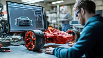 Aufkleber - A designer examines a 3D model of a car part on a computer screen, planning the next step of manufacturing using cutting-edge printing technology.