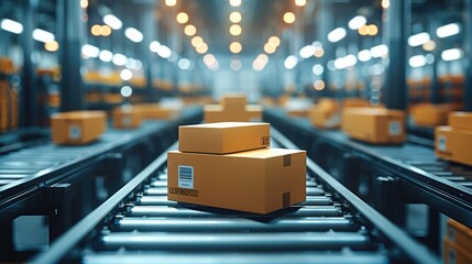 Fototapete - Smart warehouse production with automated packaging robots sorting and boxing products.