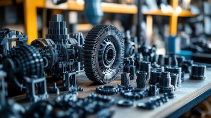 Poster - A close-up of 3D-printed car engine parts on a workbench, demonstrating the intricate designs and precision made possible by modern technology.