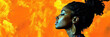 © iri.madrid.art - Beautiful African American woman with closed eyes. Oil paint illustration. Afro girl with clean healthy skin and curly hair on an orange background. Horizontal banner. Free space for text