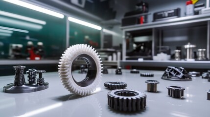 Poster - A series of 3D-printed car parts, including gears and fasteners, are neatly displayed in a workshop, highlighting the innovative engineering of automotive.