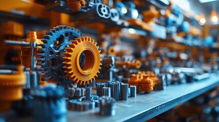 Aufkleber - A series of 3D-printed car parts, including gears and fasteners, are neatly displayed in a workshop, highlighting the innovative engineering of automotive.