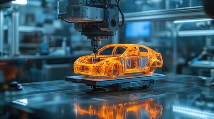 Aufkleber - A 3D printer is working on a car part layer by layer in a state-of-the-art workshop, demonstrating the future of automotive manufacturing.