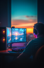 A gamer working on a triple monitor setup in a dark room with a sunset view outside the window, giving a serene yet intense vibe.