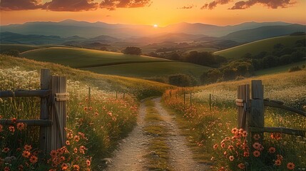 Poster - A beautiful narrow path, with small wooden gate at the entrance showing where the path starts. Have flowers in beautiful rolling greens hills, with the sunset at the end of the path.