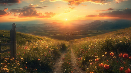 Poster - A beautiful narrow path, with small wooden gate at the entrance showing where the path starts. Have flowers in beautiful rolling greens hills, with the sunset at the end of the path.