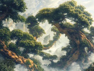 Poster - A surreal landscape where trees and plants blend with abstract shapes, creating a fusion of nature and fantasy