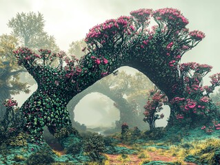 Poster - A surreal landscape where trees and plants blend with abstract shapes, creating a fusion of nature and fantasy