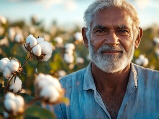 Canvas Print - A man standing in a field of cotton plants