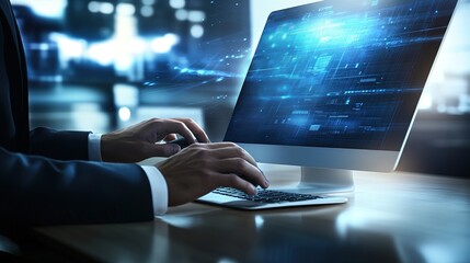 Poster - Modern Workspace with Computer and Digital Interface