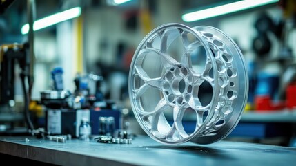 Poster - A 3D-printed wheel prototype sits on a workbench Showcasing the lightweight, strong materials used for custom car parts.