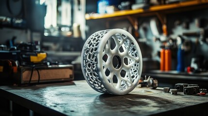 Poster - A 3D-printed wheel prototype sits on a workbench Showcasing the lightweight, strong materials used for custom car parts.