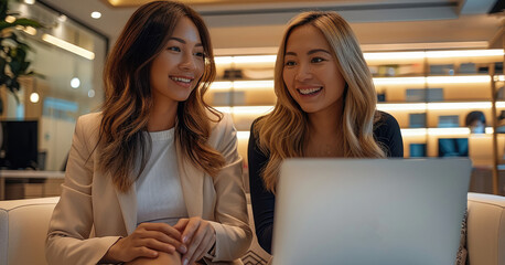 Poster - In office with two professional women collaborating over laptops.
