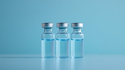 Three glass vials with blue liquid on a blue background.