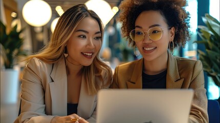 Poster - In office with two professional women collaborating over laptops.