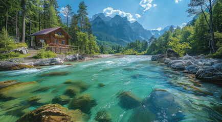 Poster - A river with turquoise water in the alps, surrounded by trees and rocks, a wooden house on its bank, sunny day, beautiful nature.