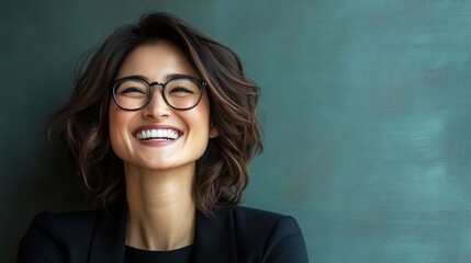 Poster - Joyful Woman with Glasses Smiling at Camera