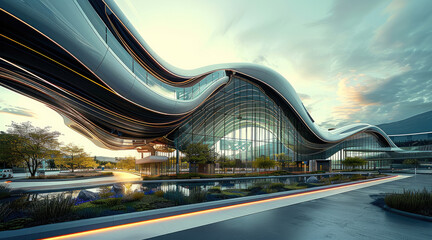 Poster - A train station that combines a futuristic sense with nature. The exterior of the building features smooth glass and metal lines that give a futuristic look, with large windows.