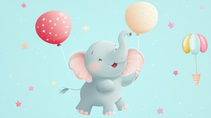 Wall Mural - elephant holding balloons at a solid light blue background playful.