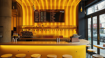 Poster - A small bar in the theme of yellow and chocolate drips inside a retail location with a score board behind the bar.