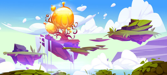 Poster - floating islands with magic tree in sky. vector cartoon illustration of fantasy land pieces flying i