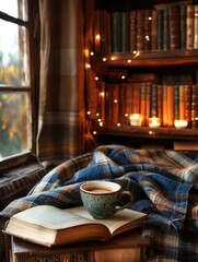 Fototapete - A warm and inviting space showcases a cup of coffee resting on an open book, surrounded by cozy blankets and glimmering lights. Generative AI