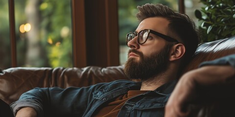 Wall Mural - A man with a beard and glasses is sitting on a couch. He is looking at something in the distance